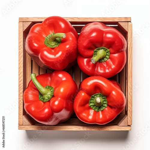 red bell pepper in the wood box on white background, close up collection of fresh ingredients healthy food, fruit, vegetables for healthy delicious food theme