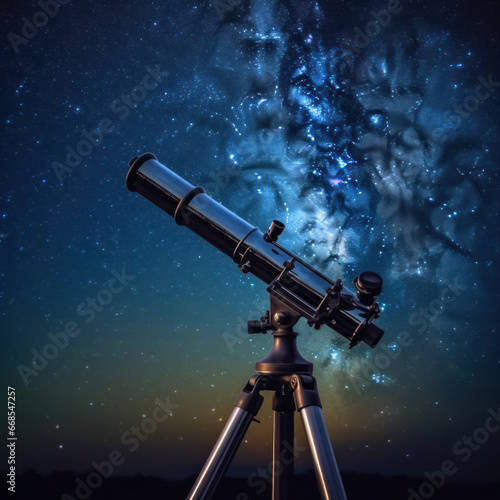 A telescope pointing at the sky with stars stock 