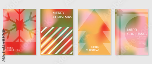 Merry christmas concept posters set. Cute gradient holographic background vector with pastel color, snowflakes, pine, gift. Art trendy wallpaper design for social media, card, banner, flyer.