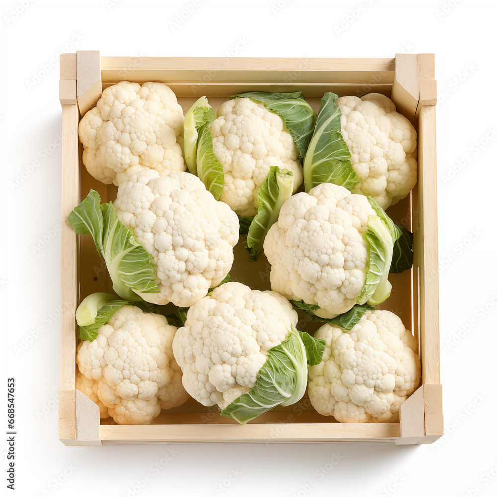 cauliflower in the wood box on white background, close up collection of fresh ingredients healthy food, fruit, vegetables for healthy delicious food theme cauliflower in the wood box on white background, close up collection of fresh ingredients healthy food, fruit, vegetables for healthy delicious food theme