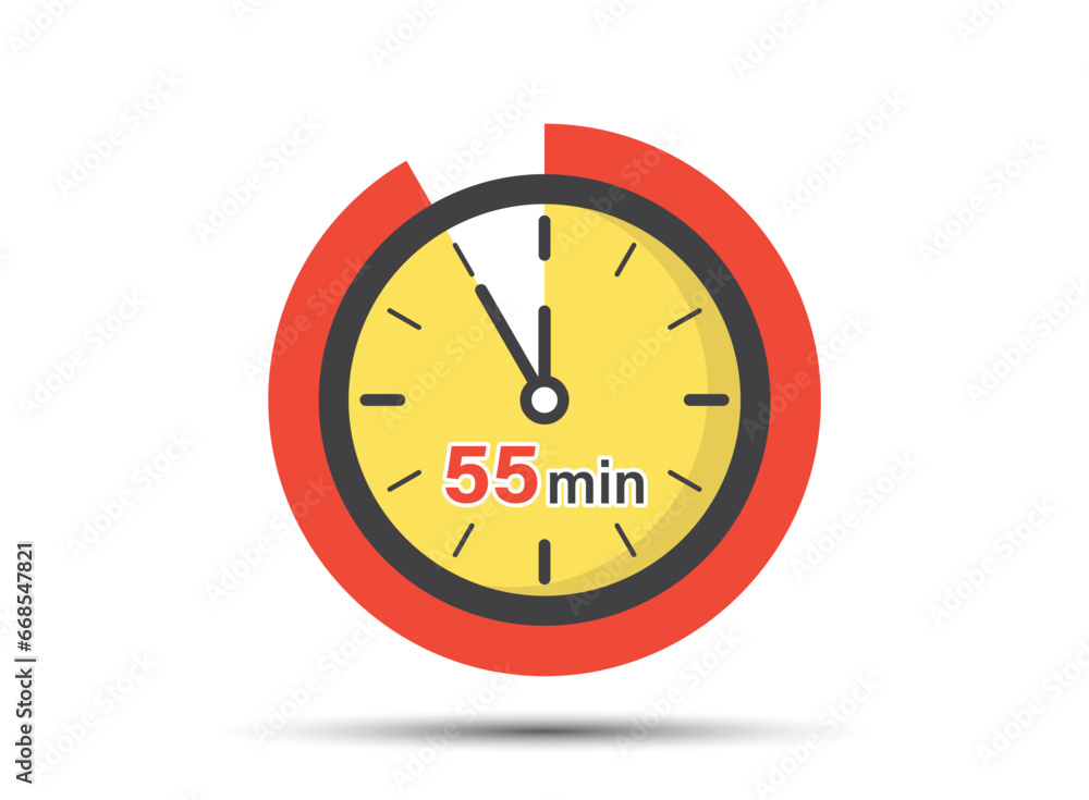 55 minutes on stopwatch icon in flat style. Clock face timer vector illustration on isolated background. Countdown sign business concept. 55 minutes on stopwatch icon in flat style. Clock face timer vector illustration on isolated background. Countdown sign business concept.