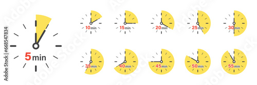 From 5 minutes to 55 minutes on stopwatch icon in flat style. Clock face timer vector illustration on isolated background. Countdown sign business concept.
