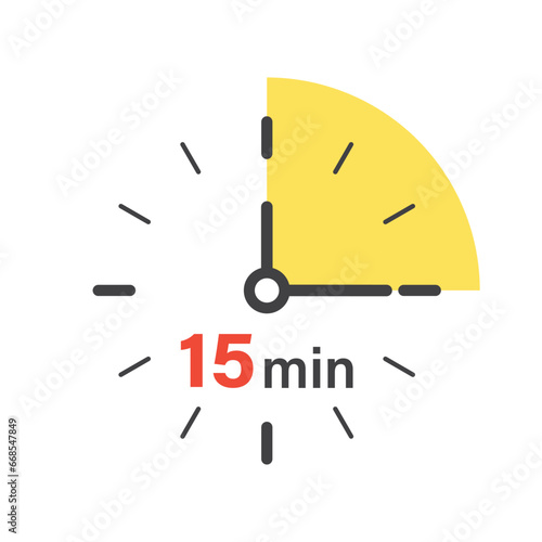 15 minutes on stopwatch icon in flat style. Clock face timer vector illustration on isolated background. Countdown sign business concept.