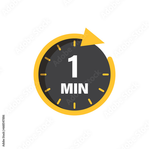 1 minute on stopwatch icon in flat style. Clock face timer vector illustration on isolated background. Countdown sign business concept.