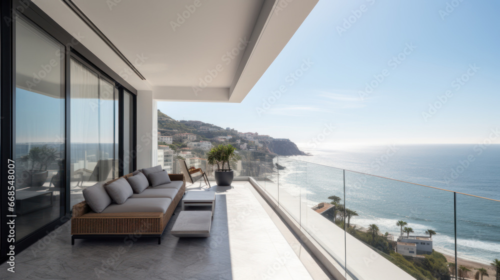 interior of modern house, terrace overlooking the sea. interior of modern house, terrace overlooking the sea.