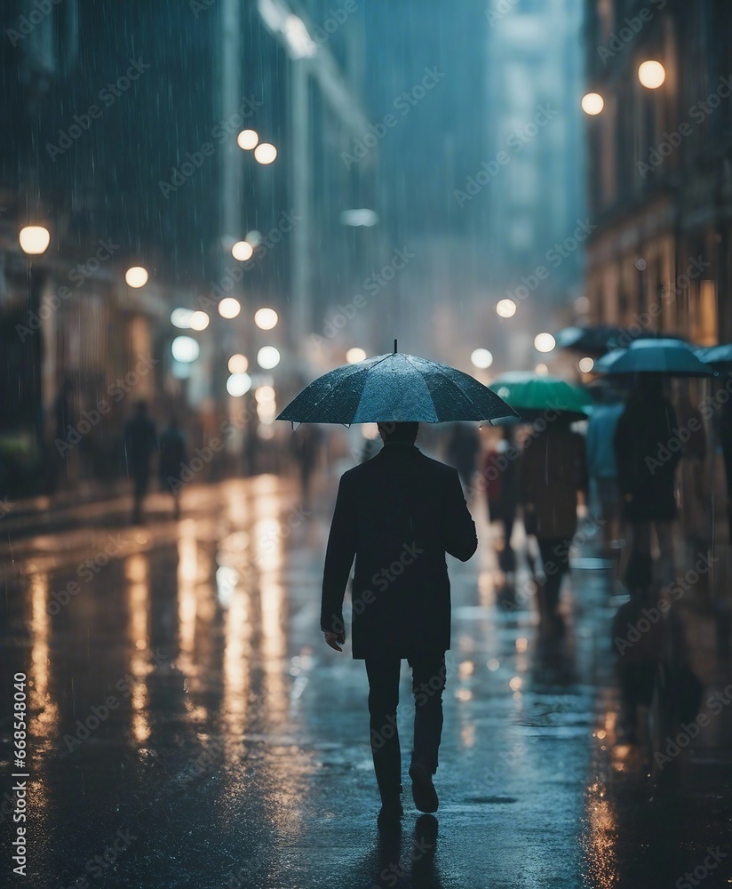 Man holding umbrellas walking in the rain.