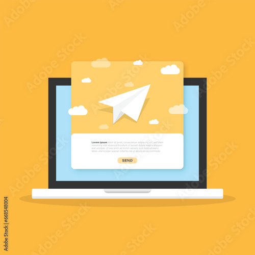 Banner of email marketing with laptop computer icon in flat style. Subscription to newsletter vector illustration on isolated background. Subscribe, submit sign business concept.