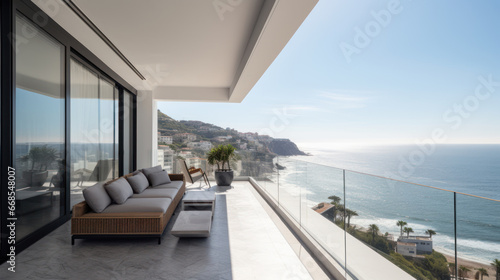 interior of modern house  terrace overlooking the sea. interior of modern house  terrace overlooking the sea.
