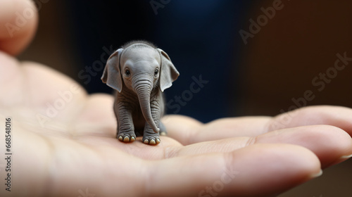 Tiny small elephant sitting on a finger tip © Johnu