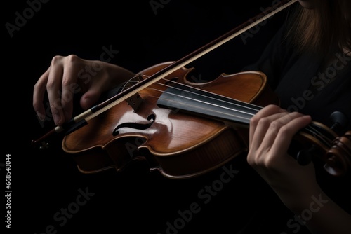 Violinist playing the violin on a black background, close-up