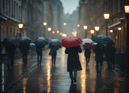 Men holding umbrellas walking in the rain.