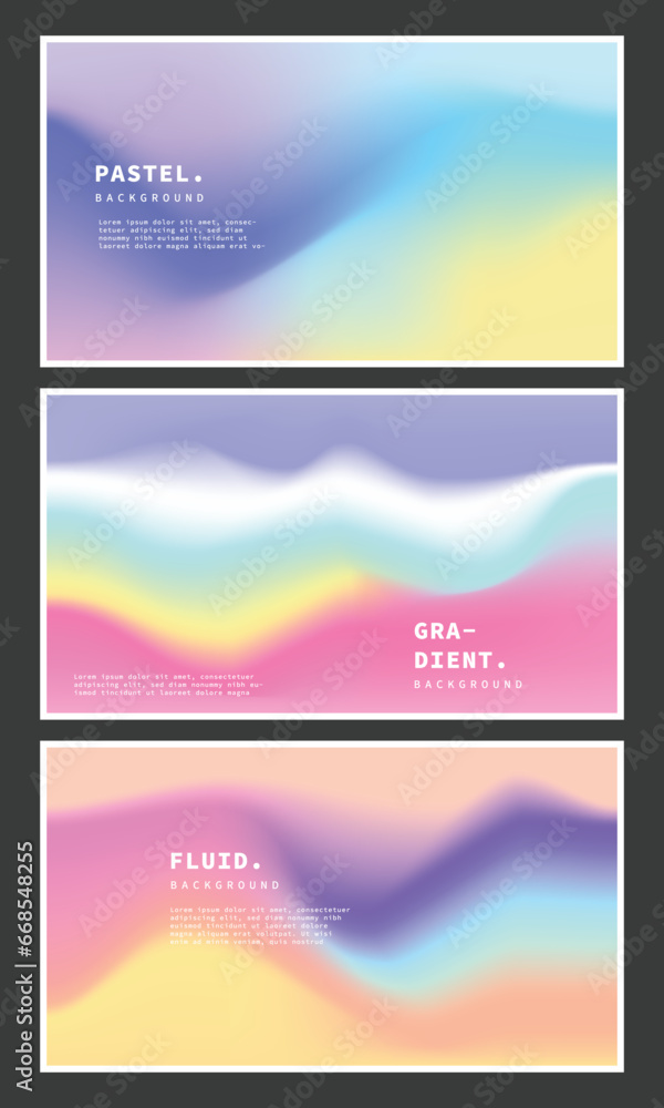 Pastel colors fluid gradient mesh background template copy space set. Colorful wavy and dynamic color gradation backdrop. Contemporary soft color design for poster, banner, presentation, or card.