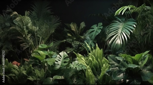 Tropical plants in a botanical garden on a dark background