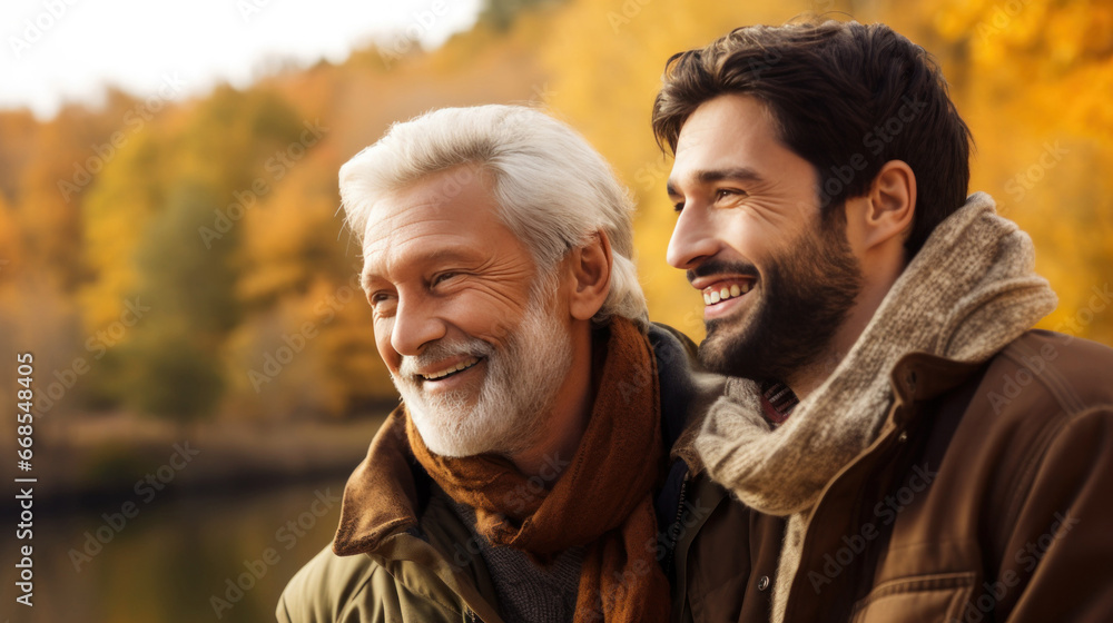 Fototapeta premium Happy senior father with adult son smiling outdoors in nature. Family love and Father's Day concept.