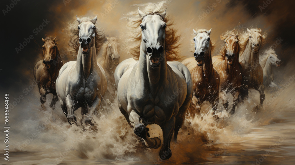 Horses herd run in desert sand storm against dramatic sky. Horses herd run in desert sand storm against dramatic sky.