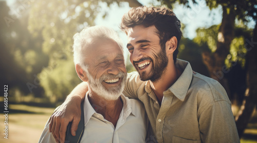 Happy smiling senior father with adult son hugging outdoors in nature. Family love and Father's Day concept. photo
