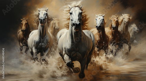 Horses herd run in desert sand storm against dramatic sky. © Ruslan Gilmanshin