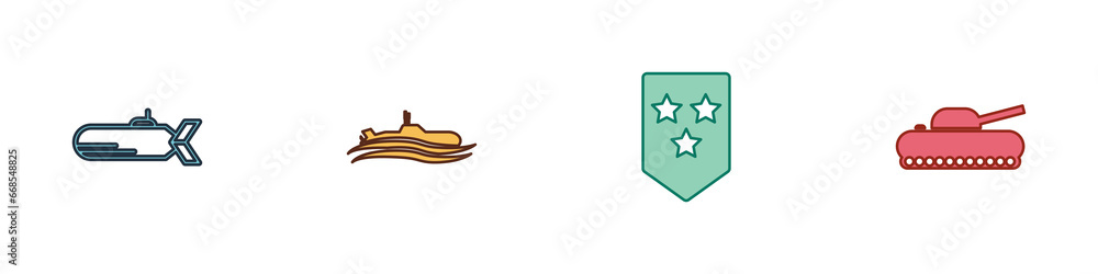 Set Submarine, , Chevron and Military tank icon. Vector Set Submarine, , Chevron and Military tank icon. Vector