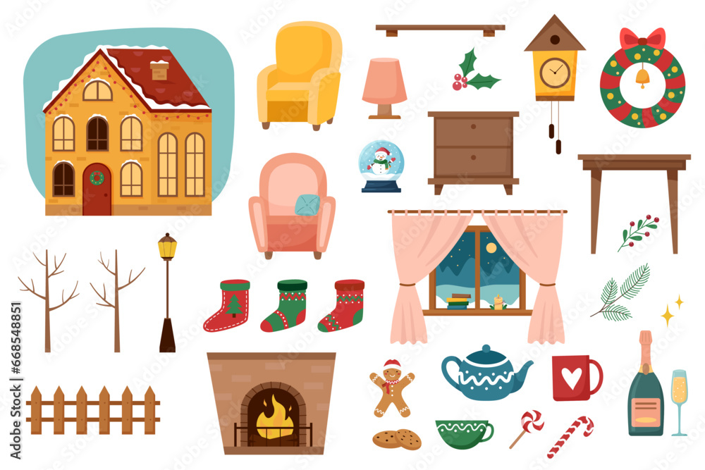 Set of winter Christmas elements. Christmas objects. Set of winter Christmas elements. Christmas objects.