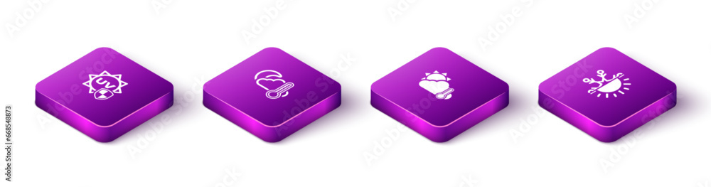 Set Isometric UV protection, Thermometer and cloud, moon, sun and Sun snowflake icon. Vector Set Isometric UV protection, Thermometer and cloud, moon, sun and Sun snowflake icon. Vector