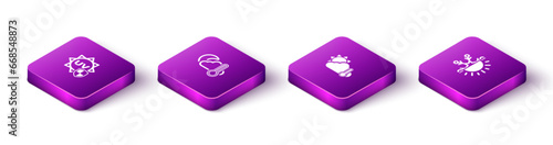 Set Isometric UV protection, Thermometer and cloud, moon, sun and Sun snowflake icon. Vector