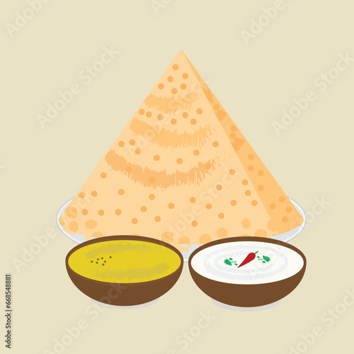 A vector of "rava thosai" or rava dosa on light brown background. Famous Indian food.