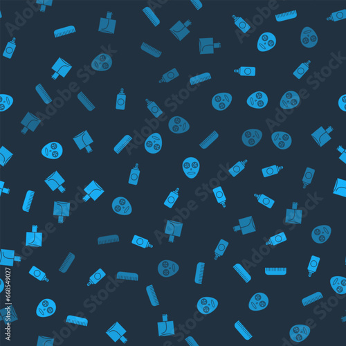 Set Hairbrush, Spray can, Facial cosmetic mask and Perfume on seamless pattern. Vector