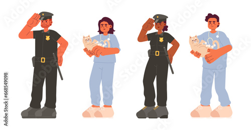 Veterinarian police officer cartoon flat illustration set. Diverse cop, vet cat 2D characters isolated on white background. Veterinary medic, policeman policewoman scene vector color image collection