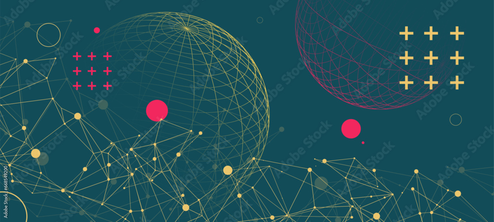 Abstract scientific background using wireframe sphere and plexus effect. Vector illustration - obrazy, fototapety, plakaty 