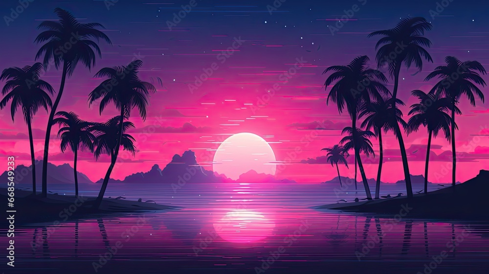 Synthwave wallpaper with pink sun - generative ai