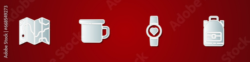 Set Location of the forest on map, Camping metal mug, Smart watch showing heart beat rate and Hiking backpack icon. Vector