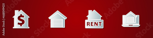 Set House with dollar symbol, Garage, Hanging sign Rent and Online real estate house icon. Vector