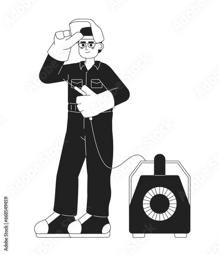 Labour welder black and white cartoon flat illustration. Welding industrial worker male asian adult holding tool linear 2D character isolated. Welder steelworker monochromatic scene vector image