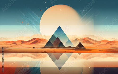 Surreal abstract Egyptian landscape featuring a pyramid amidst a serene desert oasis with a perfect reflection and radiant sun. Ideal for contemporary art projects.