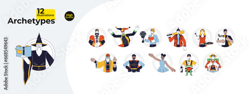 12 archetypes in society line cartoon flat illustration bundle. Archetypal 2D lineart characters isolated on white background. Innate potentials diversity people vector color image collection