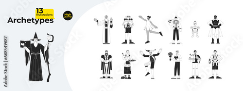 Character archetypes black and white cartoon flat illustration bundle. Archetypal 2D lineart characters isolated. Collective unconscious behavior, experience monochrome vector outline image collection