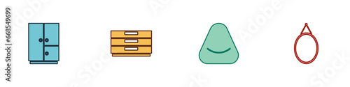 Set Wardrobe, Chest of drawers, Pouf and Mirror icon. Vector