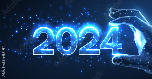 Numbers 2024 in digital hand. New year blue background.