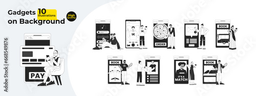 Using mobile apps black and white 2D illustration concepts bundle. Diverse people mobile devices cartoon outline characters isolated on white. Everyday life metaphor monochrome vector art collection