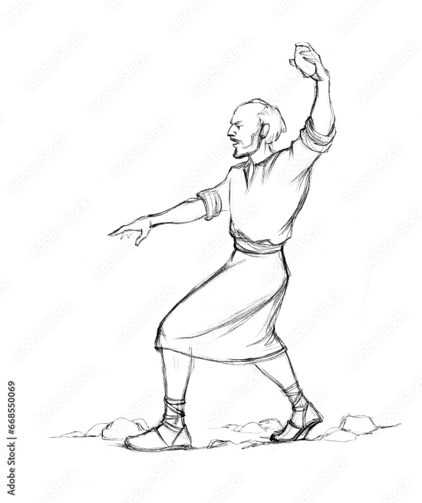 Fototapeta premium Pencil drawing. Man throw a big stone