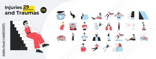 Trauma injured people line cartoon flat illustration bundle. Pain women, hurt men sad diverse 2D lineart characters isolated on white background. Accident victims damaged vector color image collection