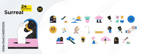 Surrealism dreams 2D linear cartoon concept objects bundle. Surreal esoteric symbols isolated line vector elements white background. Fantasy spiritual absurd color flat spot illustration collection