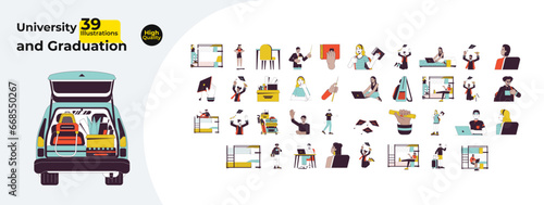 University students happy line cartoon flat illustration bundle. Graduate freshmen 2D lineart characters, objects isolated on white background. Baggage college study vector color image collection