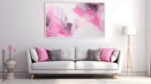 Modern living room sofa with gray and pink pillows - generative ai