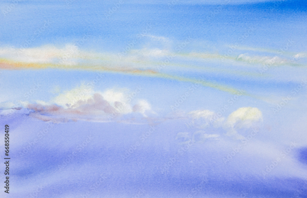 Watercolor background, painted clouds on the sky, background for banner