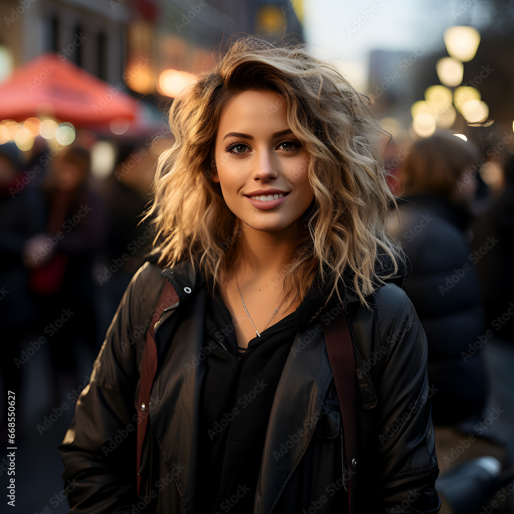 Smiling Young Woman in City with Lively Evening Ambiance