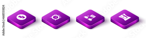 Set Isometric Speech bubble chat, Alarm clock, Two sitting men talking and Pencil sharpener icon. Vector