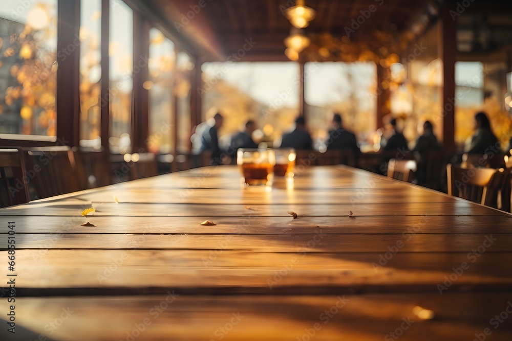 Empty wooden table top with restaurant full of guests in background with bokeh autumn sunlight. Generative Ai. Empty wooden table top with restaurant full of guests in background with bokeh autumn sunlight. Generative Ai.