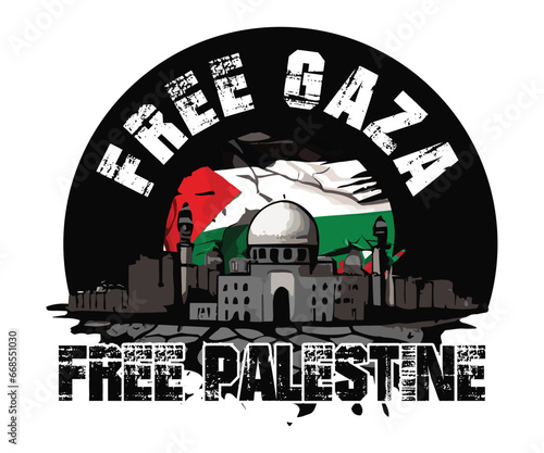Free Gaza Free Palestine, T-shirt design with a background of the destroyed city of Gaza, suitable for digital t-shirt screen printing, etc