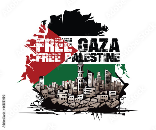 Free Gaza Free Palestine, T-shirt design with a background of the destroyed city of Gaza, suitable for digital t-shirt screen printing, etc